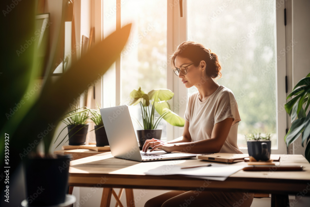Serene administrative assistant in a peaceful home office, surrounded by plants and natural light, working on a laptop with a cup of coffee, generative ai - obrazy, fototapety, plakaty 