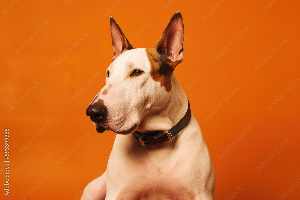 Fearless and Playful. Energetic Bull Terrier with expressive personality on orange background. Copy space. Animal concept AI Generative
