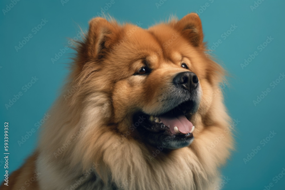 Elegant Canine. Chow Chow showing blue tongue with a noble posture and regal grace on blue pastel background. Copy space. Animal concept AI Generative