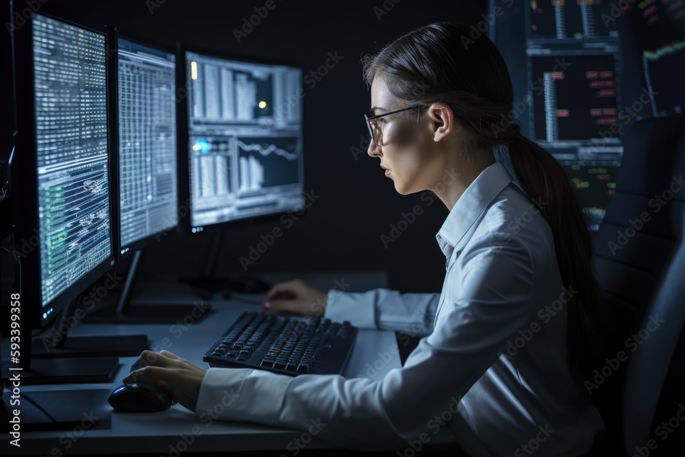 Serious bookkeeper typing on a computer keyboard, with multiple screens displaying financial data, wearing a headset and a crisp button-down shirt, generative ai Serious bookkeeper typing on a computer keyboard, with multiple screens displaying financial data, wearing a headset and a crisp button-down shirt, generative ai