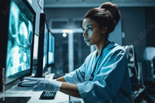 Radiologic Technologist analyzing an ultrasound image with a concentrated expression, using advanced software and wearing protective gloves, generative ai photo