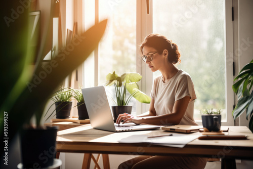 Serene administrative assistant in a peaceful home office, surrounded by plants and natural light, working on a laptop with a cup of coffee, generative ai