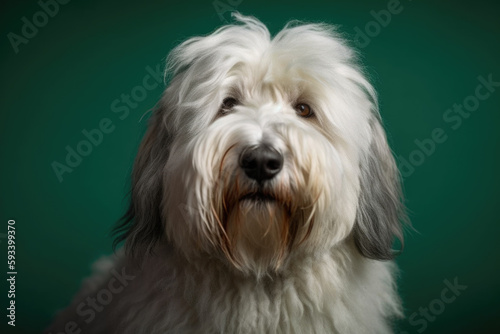 Adorable Shaggy Companion. Fluffy Old English Sheepdog with happy face on green background. Copy space. Canine concept AI Generative