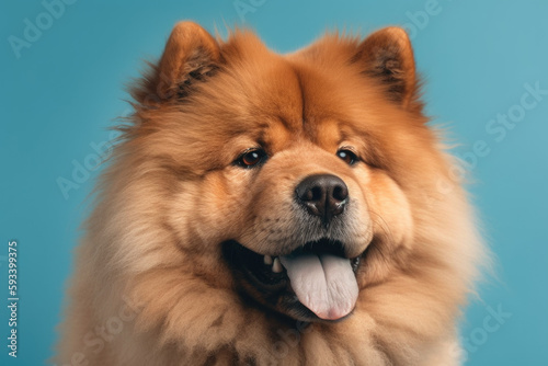 Elegant Canine. Chow Chow showing blue tongue with a noble posture and regal grace on blue pastel background. Copy space. Animal concept AI Generative © Mr. Bolota