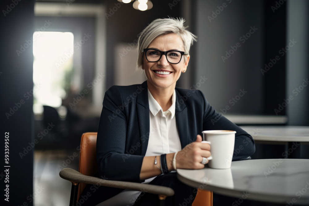 stunning accountant leaning back in her chair, holding a cup of coffee and smiling warmly at the camera, generative ai stunning accountant leaning back in her chair, holding a cup of coffee and smiling warmly at the camera, generative ai