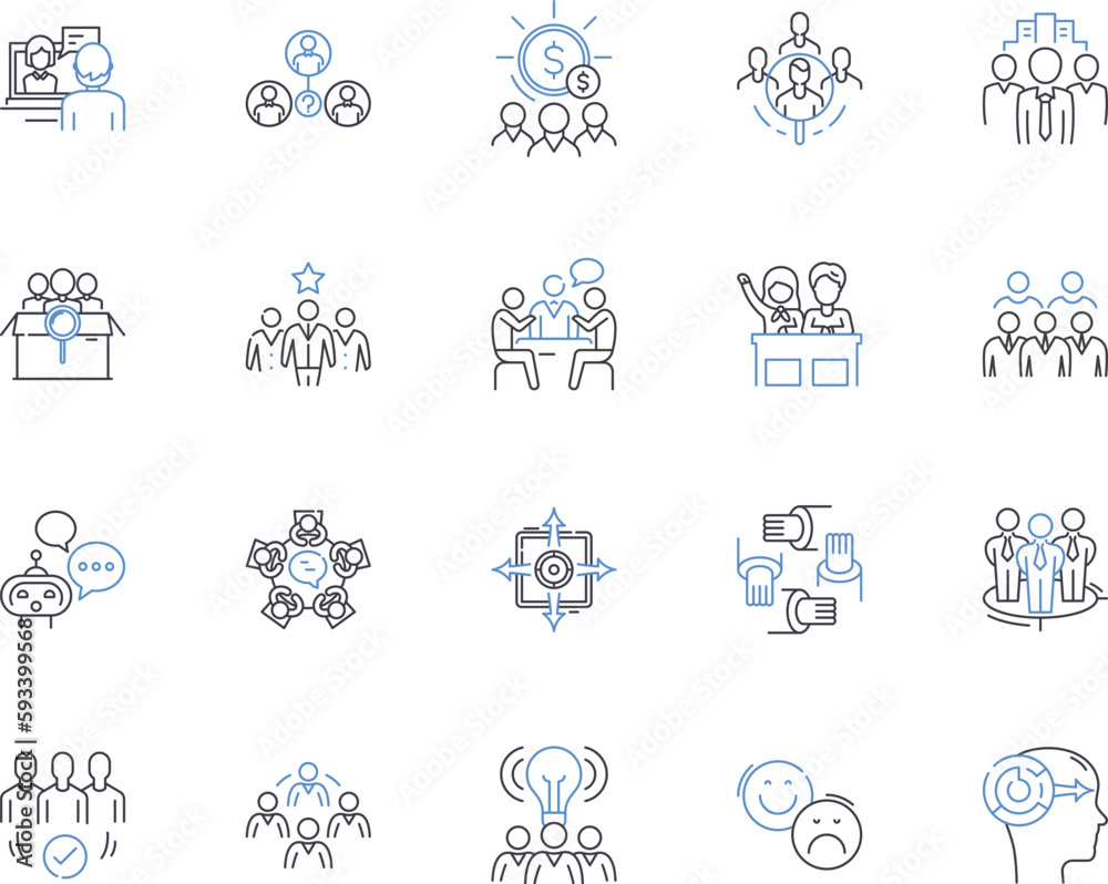 Teambuilding basics outline icons collection. Teamwork, communication, collaboration, trust, respect, leadership, negotiation vector and illustration concept set. planning, delegation, problem-solving