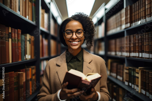stunning female librarian smiling while holding a book with bookshelves in the background, exuding intelligence and a love for knowledge, generative ai