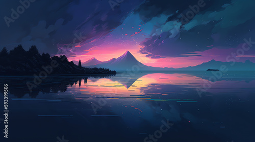 Dawn over the Lake with Majestic Mountains on the Horizon