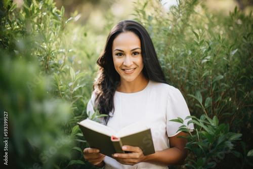 stunning health educator captured in natural light, surrounded by green plants and holding a book on nutrition, with a gentle smile on her face, generative ai