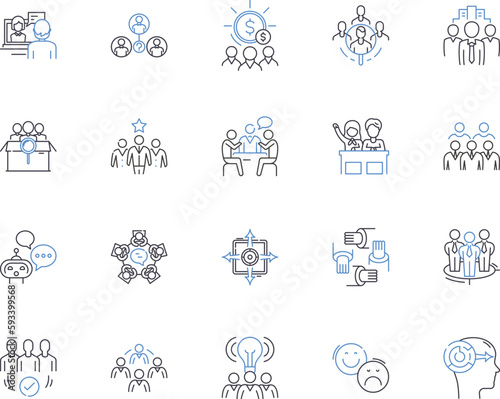Teambuilding basics outline icons collection. Teamwork, communication, collaboration, trust, respect, leadership, negotiation vector and illustration concept set. planning, delegation, problem-solving