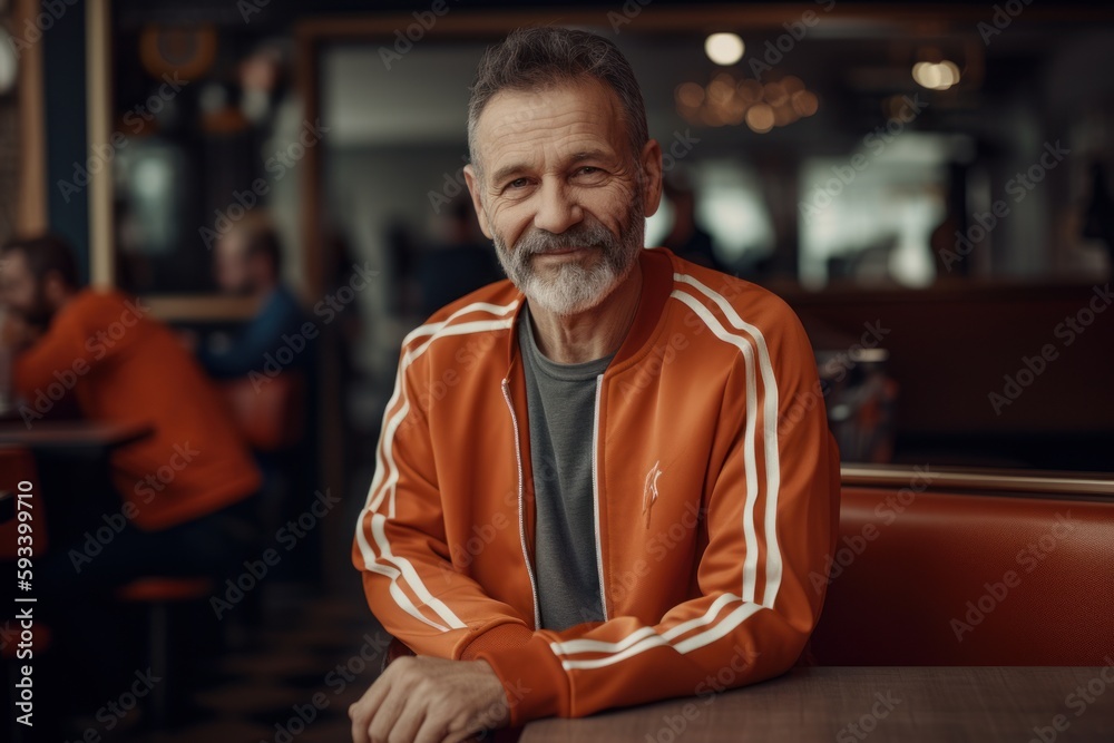 Portrait of a senior man in an orange jacket sitting in a cafe.