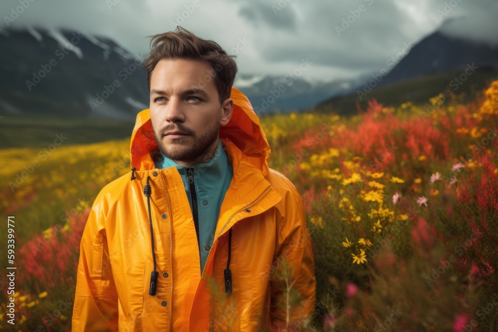 Handsome young man in a yellow raincoat on the background of the mountains. Handsome young man in a yellow raincoat on the background of the mountains.