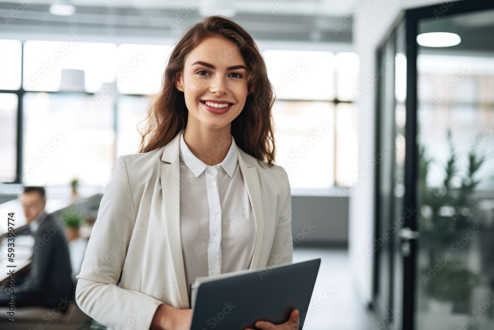 Young and ambitious insurance agent posing with a laptop in her hands and a bright smile, standing in a modern office filled with natural light, generative ai