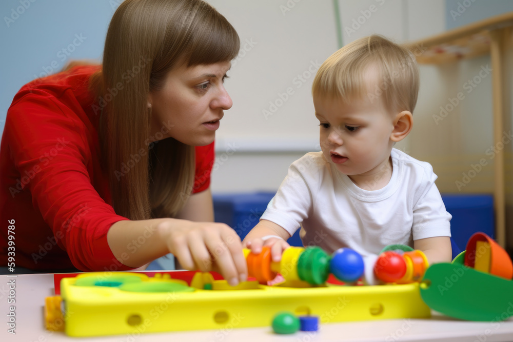 A beautiful occupational therapist working with a child patient on sensory integration, using various sensory activities, generative ai A beautiful occupational therapist working with a child patient on sensory integration, using various sensory activities, generative ai