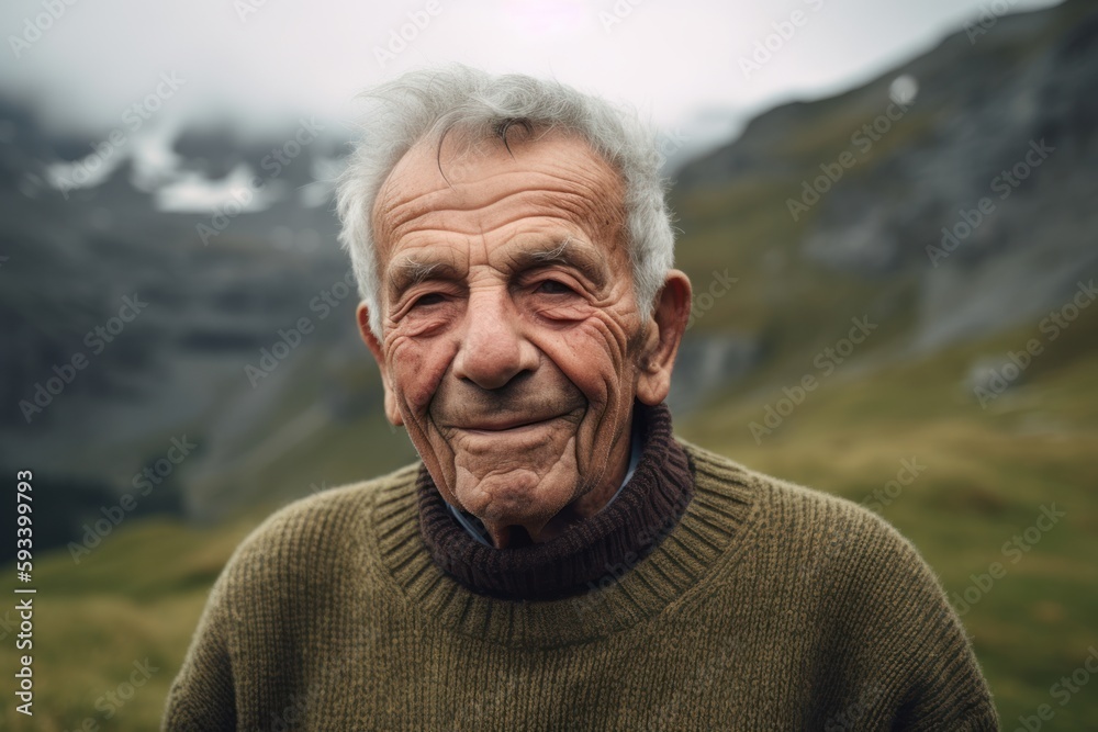 Portrait of an old man in a green sweater in the mountains
