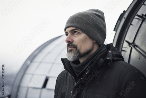 Handsome bearded man with gray beard and mustache wearing black jacket and hat standing against modern building © Robert MEYNER