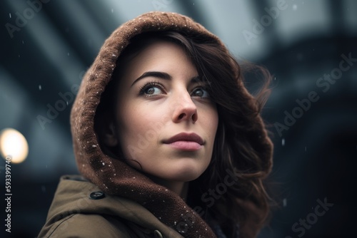 Portrait of beautiful young woman in winter coat looking at camera. © Robert MEYNER