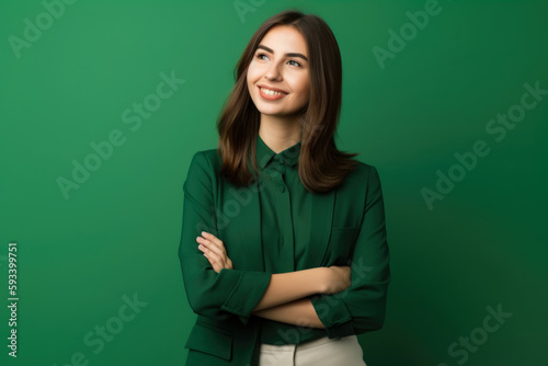 Young sales representative with a fresh and natural look, wearing a casual outfit and standing in front of a green wall, generative ai