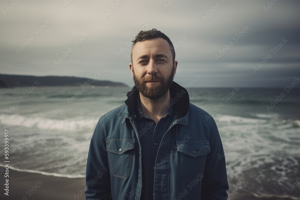 Portrait of a handsome bearded man in a denim jacket on the beach Portrait of a handsome bearded man in a denim jacket on the beach