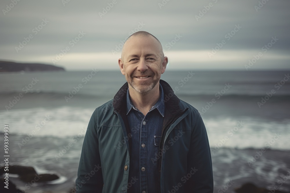 Portrait of a bald man smiling at the camera on the beach