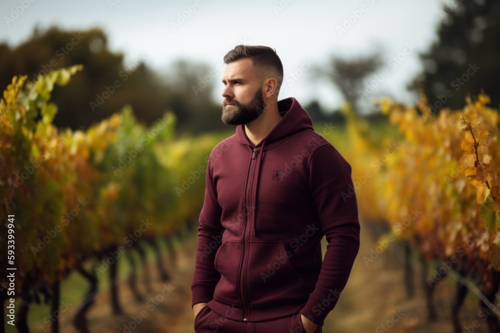 Young handsome man with beard and mustache in red hoodie in vineyard