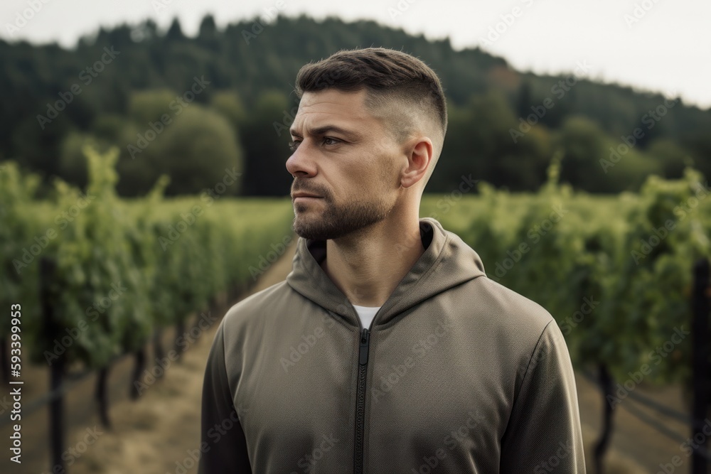 Young handsome man in sportswear standing in vineyard and looking away Young handsome man in sportswear standing in vineyard and looking away