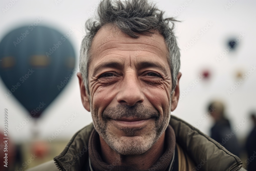 Portrait of a smiling middle-aged man on the background of hot air balloons