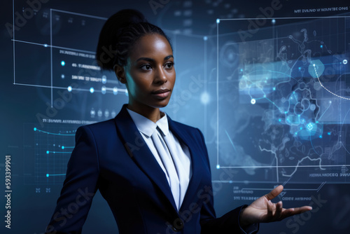 Attractive data analyst in a blazer, presenting key insights and data trends to her clients with poise and professionalism, generative ai