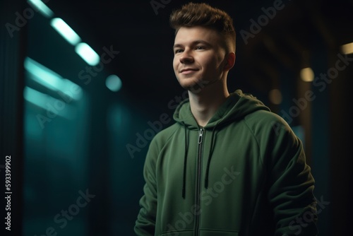 Portrait of a handsome young man in a green sweatshirt on a dark background.