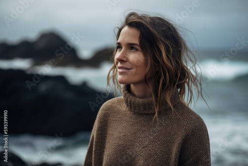 Portrait of a beautiful young woman in sweater on the beach.