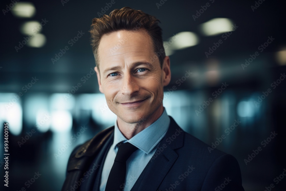 Portrait of handsome businessman standing in corridor of office building at night Portrait of handsome businessman standing in corridor of office building at night