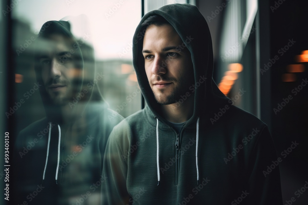 Handsome young man in hoodie standing near window at night
