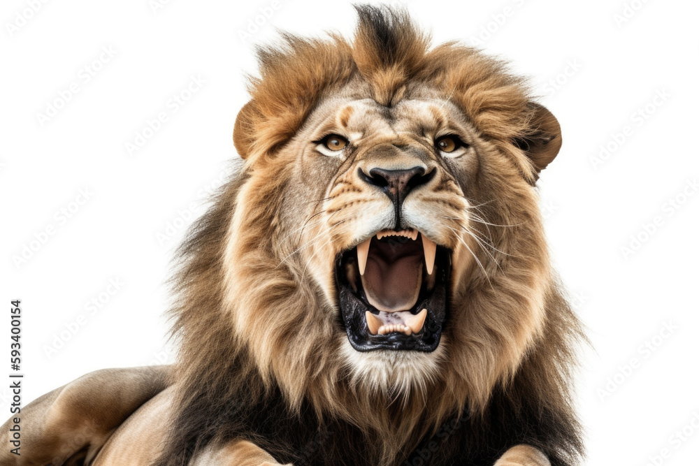 The King of the Jungle. Majestic lion roaring with pride, isolated on a white background with space to text. Copy space. Wildlife concept AI Generative
