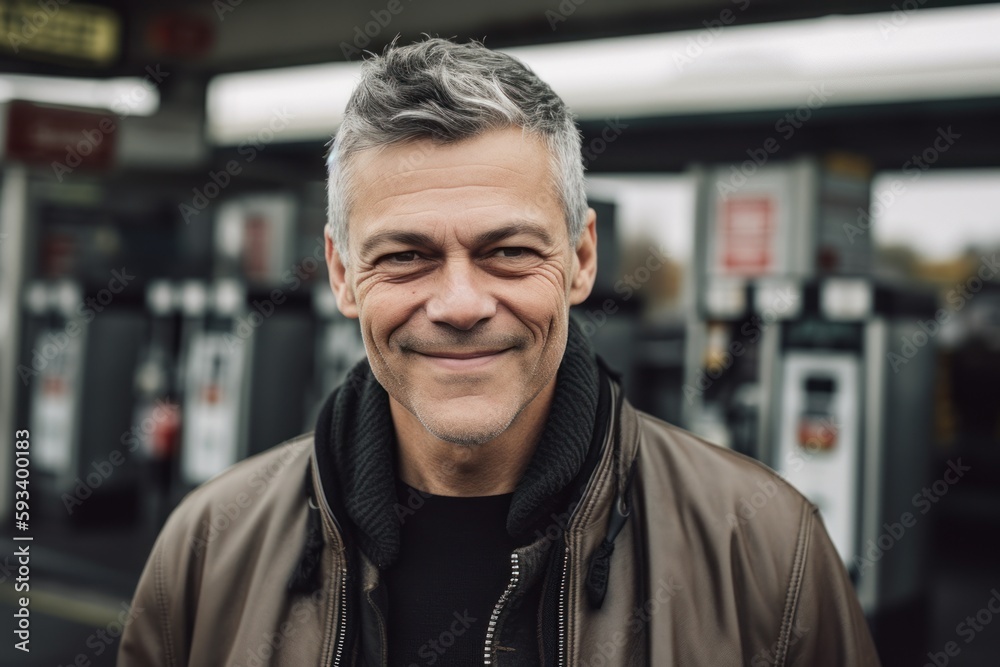 Portrait of smiling middle-aged man standing at gas station.
