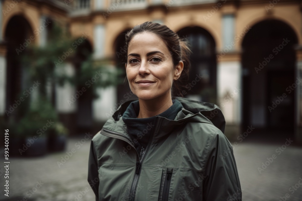 Fototapeta premium Environmental portrait photography of a grinning woman in her 30s wearing a comfortable tracksuit against an old building or architecture background. Generative AI