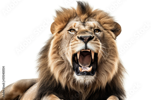 The King of the Jungle. Majestic lion roaring with pride  isolated on a white background with space to text. Copy space. Wildlife concept AI Generative
