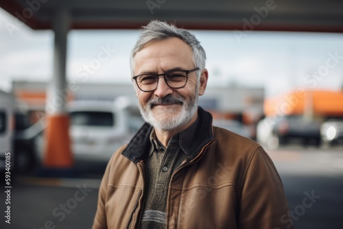 portrait of senior man in eyeglasses standing at gas station