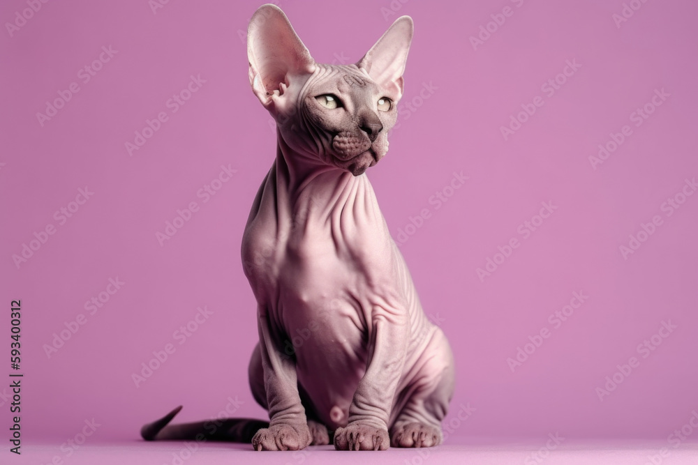 Hairless and Playful Companion. Adorable Sphynx with playful and curious personality isolated on violet pastel background with space to text. Copy space. Pet concept AI Generative