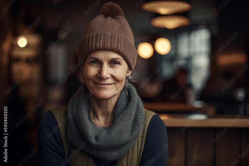 Portrait of smiling mature woman in knitted hat and scarf in cafe Portrait of smiling mature woman in knitted hat and scarf in cafe