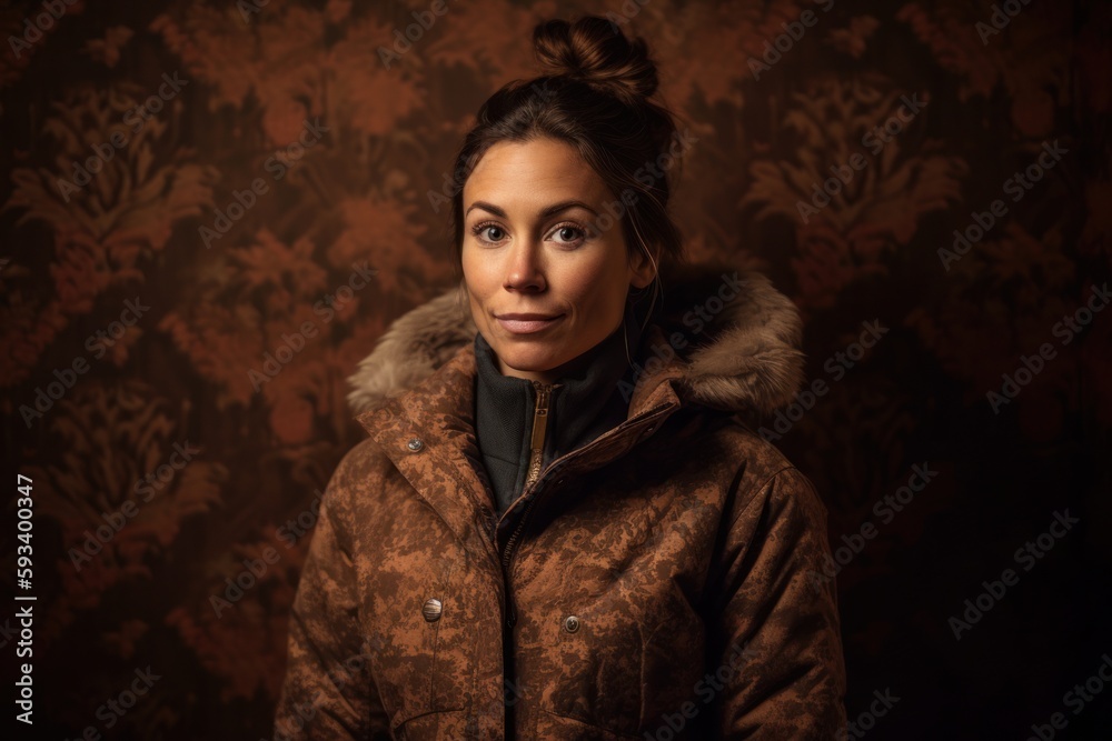 Group portrait photography of a satisfied woman in her 30s wearing a warm parka against an old-fashioned wallpaper background. Generative AI