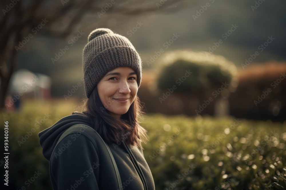 Portrait of a beautiful girl in a hat and coat at tea plantation Portrait of a beautiful girl in a hat and coat at tea plantation
