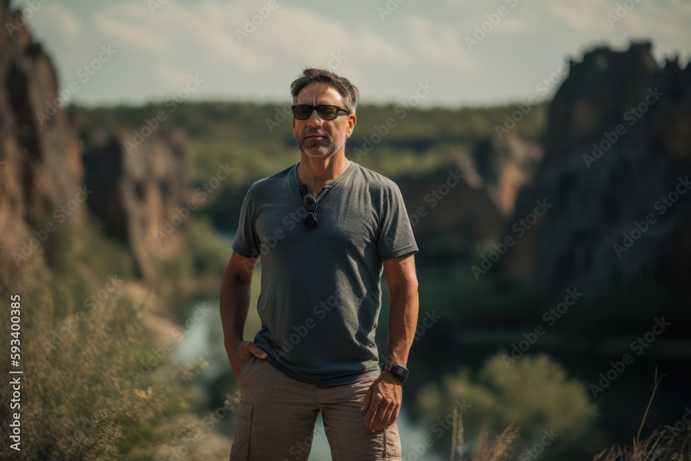 Handsome man in casual clothes and sunglasses standing on the edge of a cliff and looking at the camera