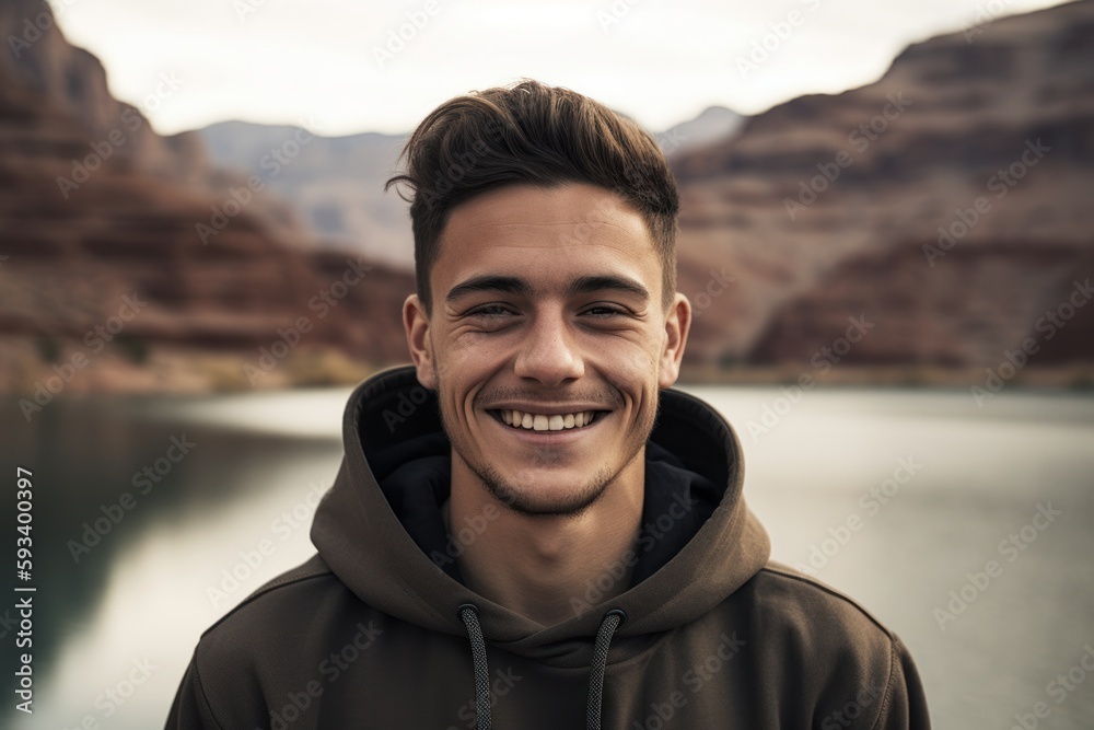 Handsome young man in hoodie smiling at camera while standing in front of lake Handsome young man in hoodie smiling at camera while standing in front of lake