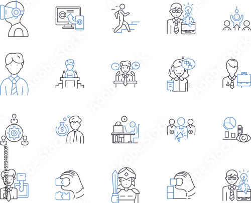 Office profession outline icons collection. Executive, Manager, Secretary, Clerk, Administrator, Supervisor, Officer vector and illustration concept set. Consultant, Analyst, Coordinator linear signs