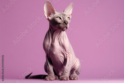 Hairless and Playful Companion. Adorable Sphynx with playful and curious personality isolated on violet pastel background with space to text. Copy space. Pet concept AI Generative photo