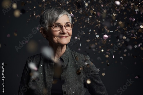Portrait of happy senior woman with confetti falling on her face