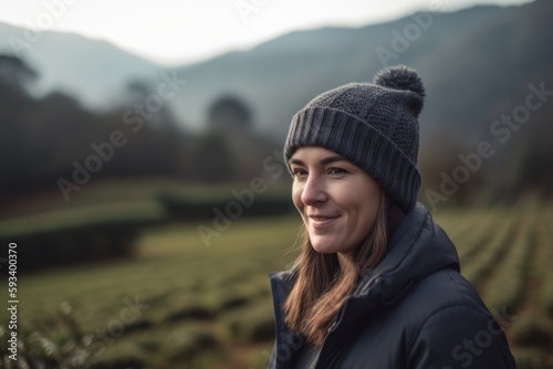 Beautiful young woman in the tea plantation in the morning, wearing a hat and coat