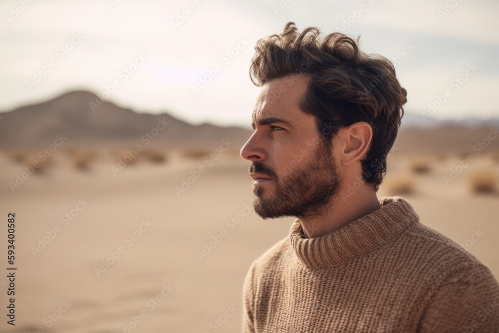 Side view of handsome young man looking away while standing in the middle of the desert Side view of handsome young man looking away while standing in the middle of the desert
