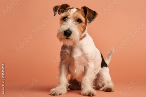 Cute Fox Terrier. Full body shot of adorable pet dog isolated on pastel peach background with space to text. copy space. Loyal and intelligent companion AI Generative