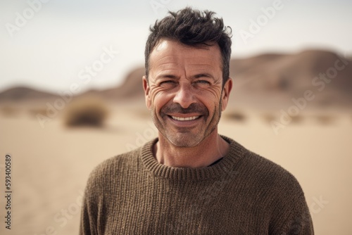 Environmental portrait photography of a pleased man in his 40s wearing a cozy sweater against a hot desert or sand background. Generative AI